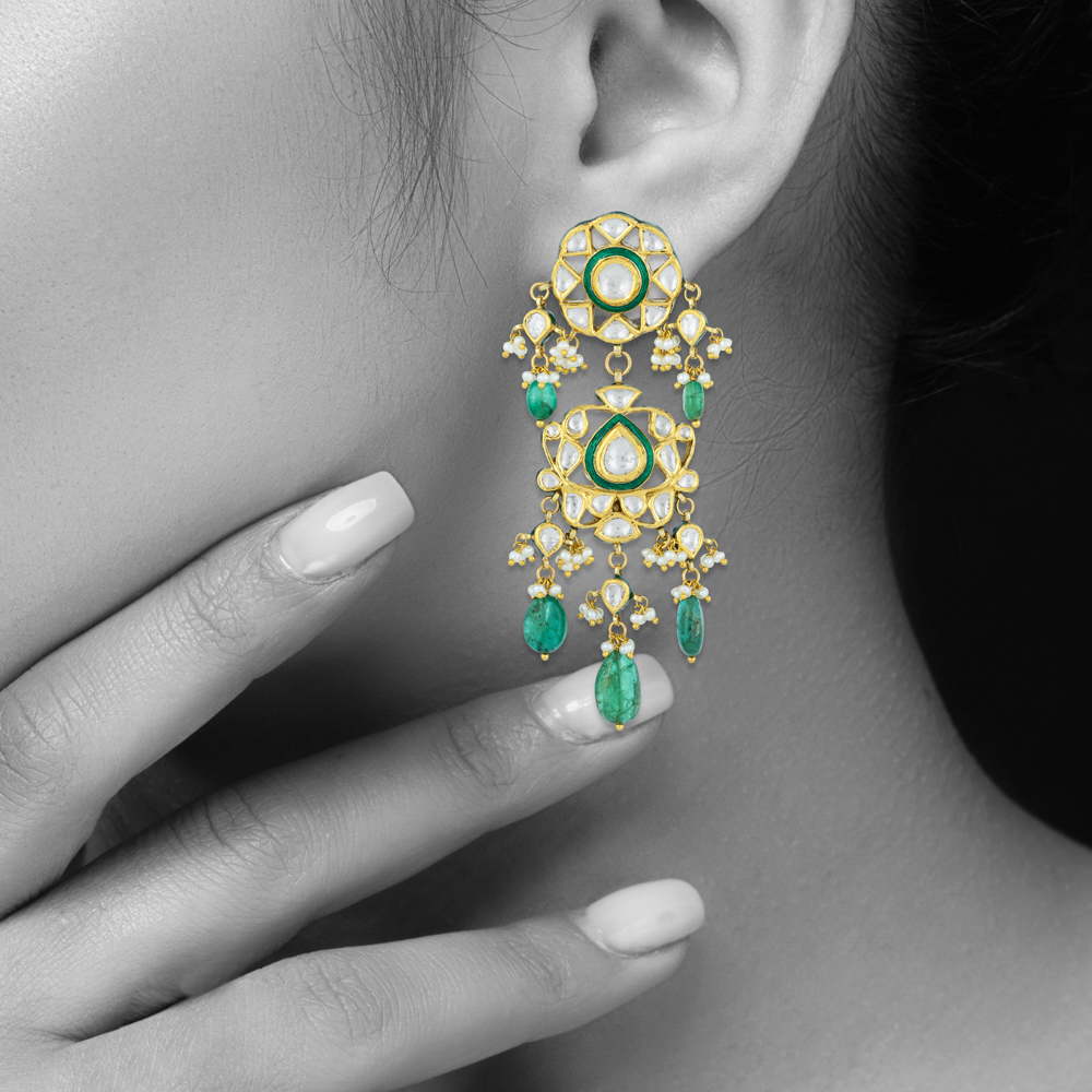 Polki Earrings with Green Enamel, Emeralds & Pearl Bunches